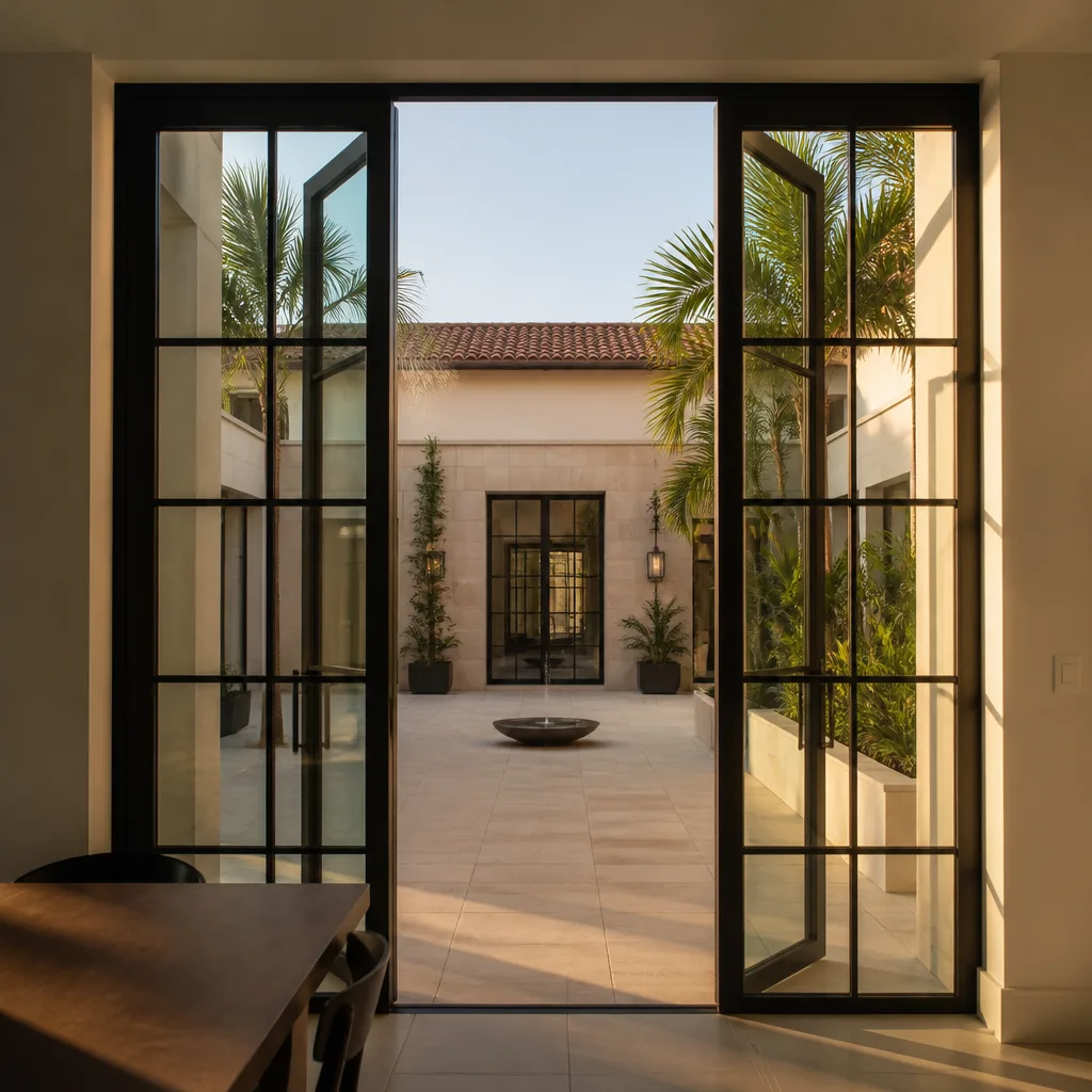 Modern steel-framed glass door installation overlooking a sunlit courtyard
