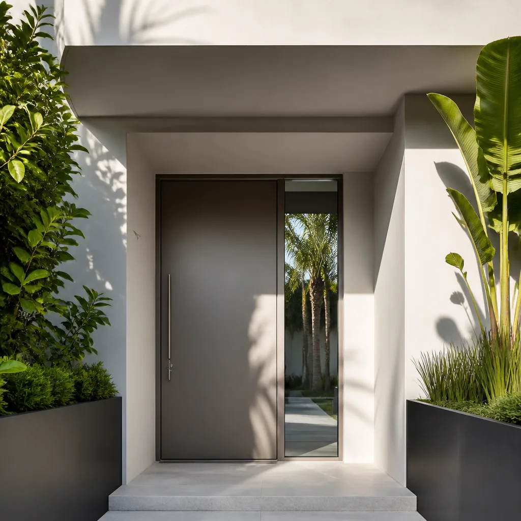 Modern minimalist bronze entry door installation with sidelight