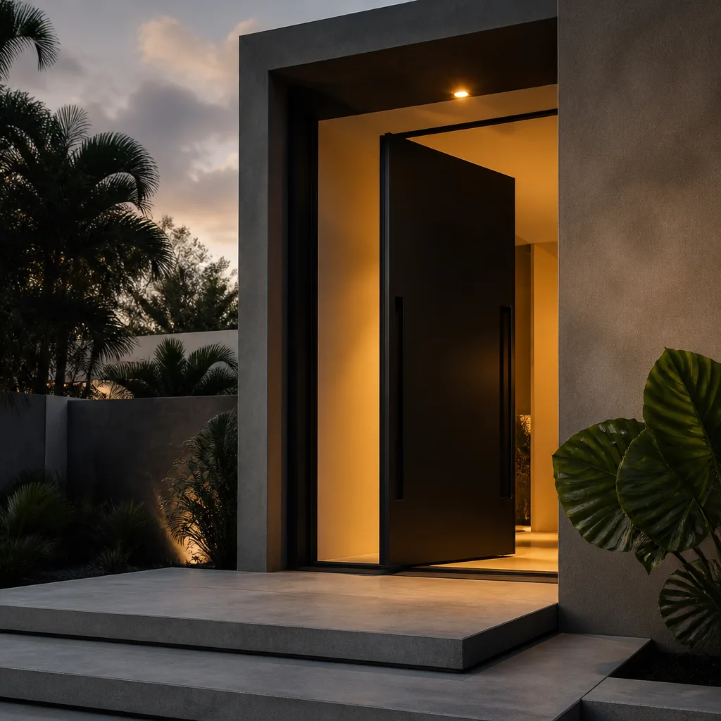 Modern residential pivot door installation with professional architectural finish