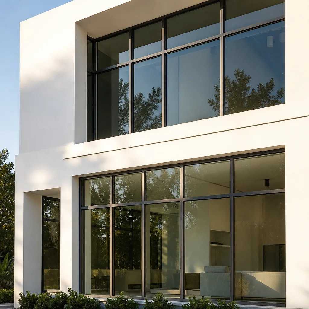 Modern residential building with large black frame windows and professional installation