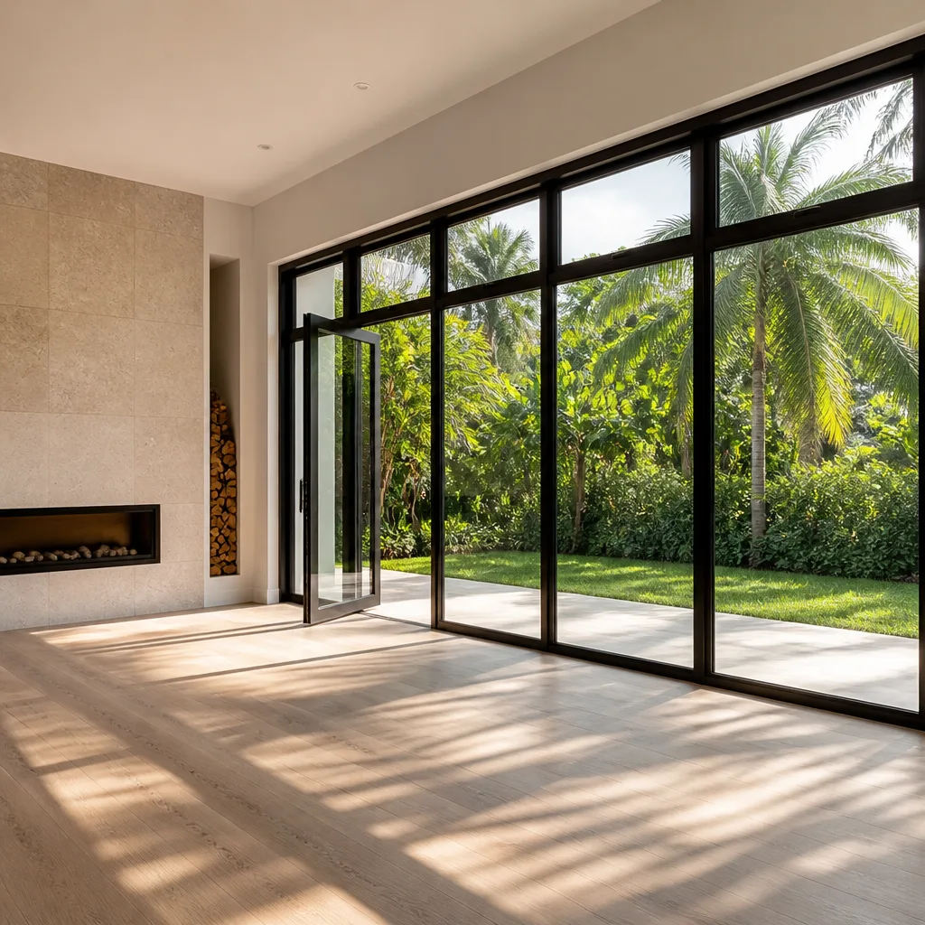 Modern floor to ceiling black frame windows and doors