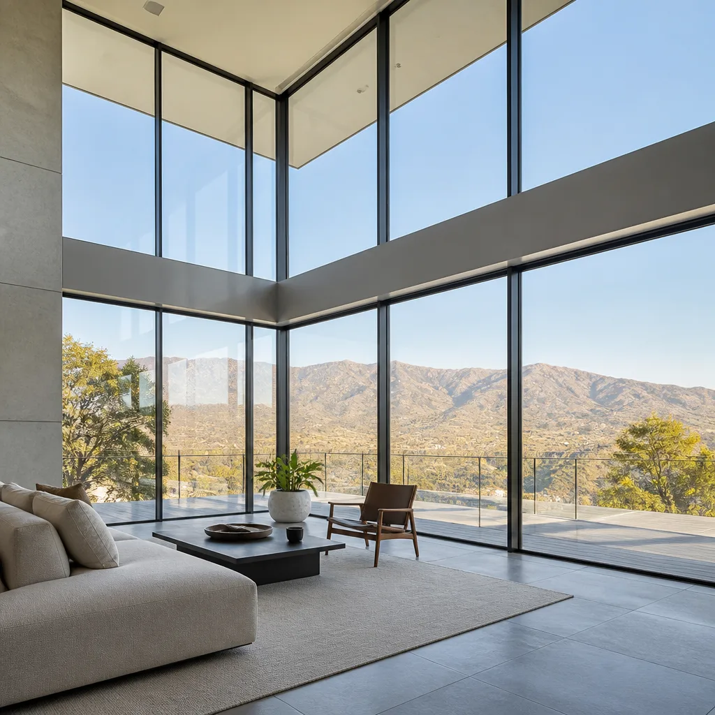 Modern floor-to-ceiling glass windows in a luxury mountain home