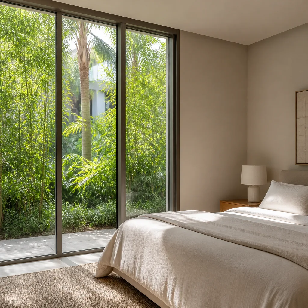 Modern floor-to-ceiling glass bedroom windows overlooking a green garden
