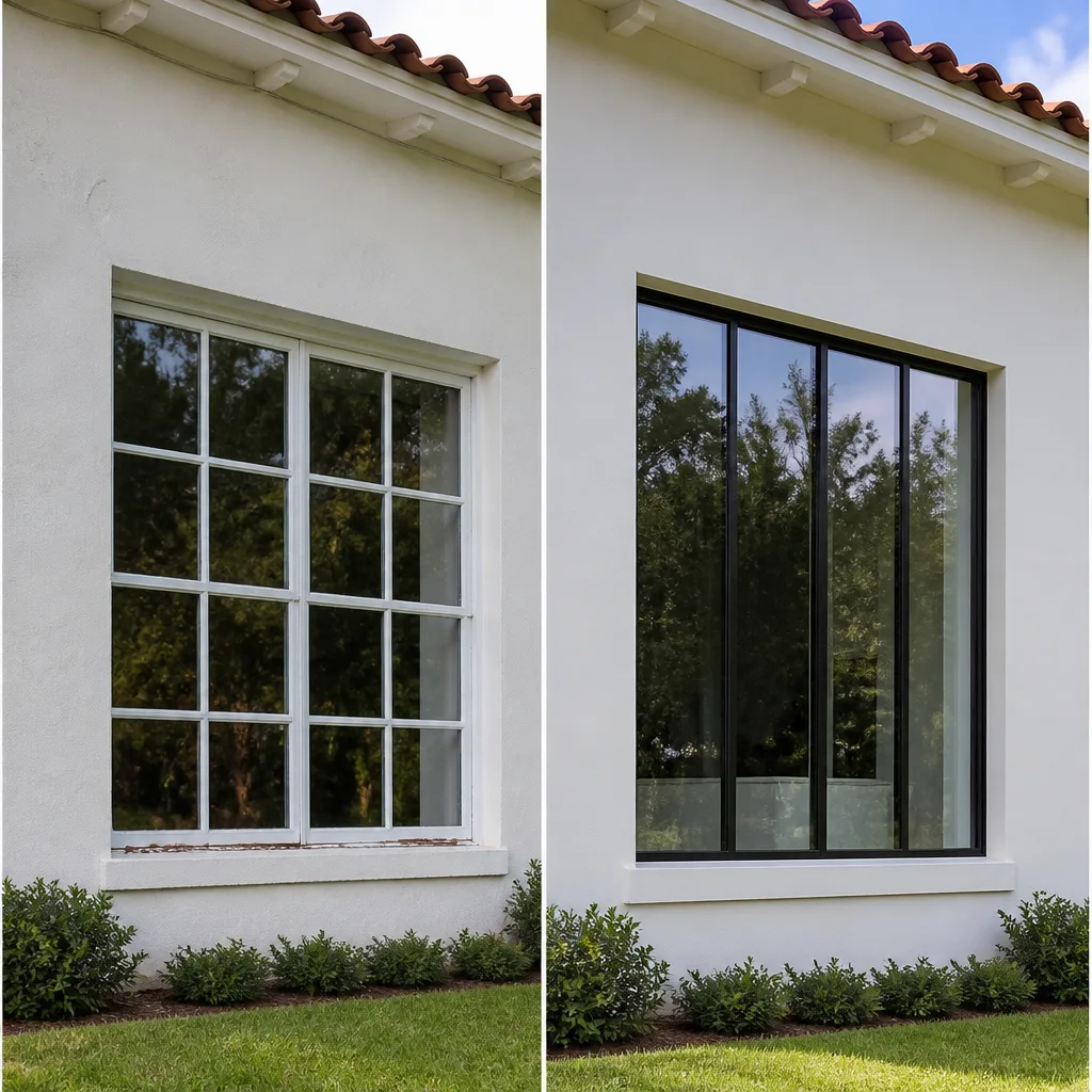 Before and after window replacement featuring modern black frame glass windows